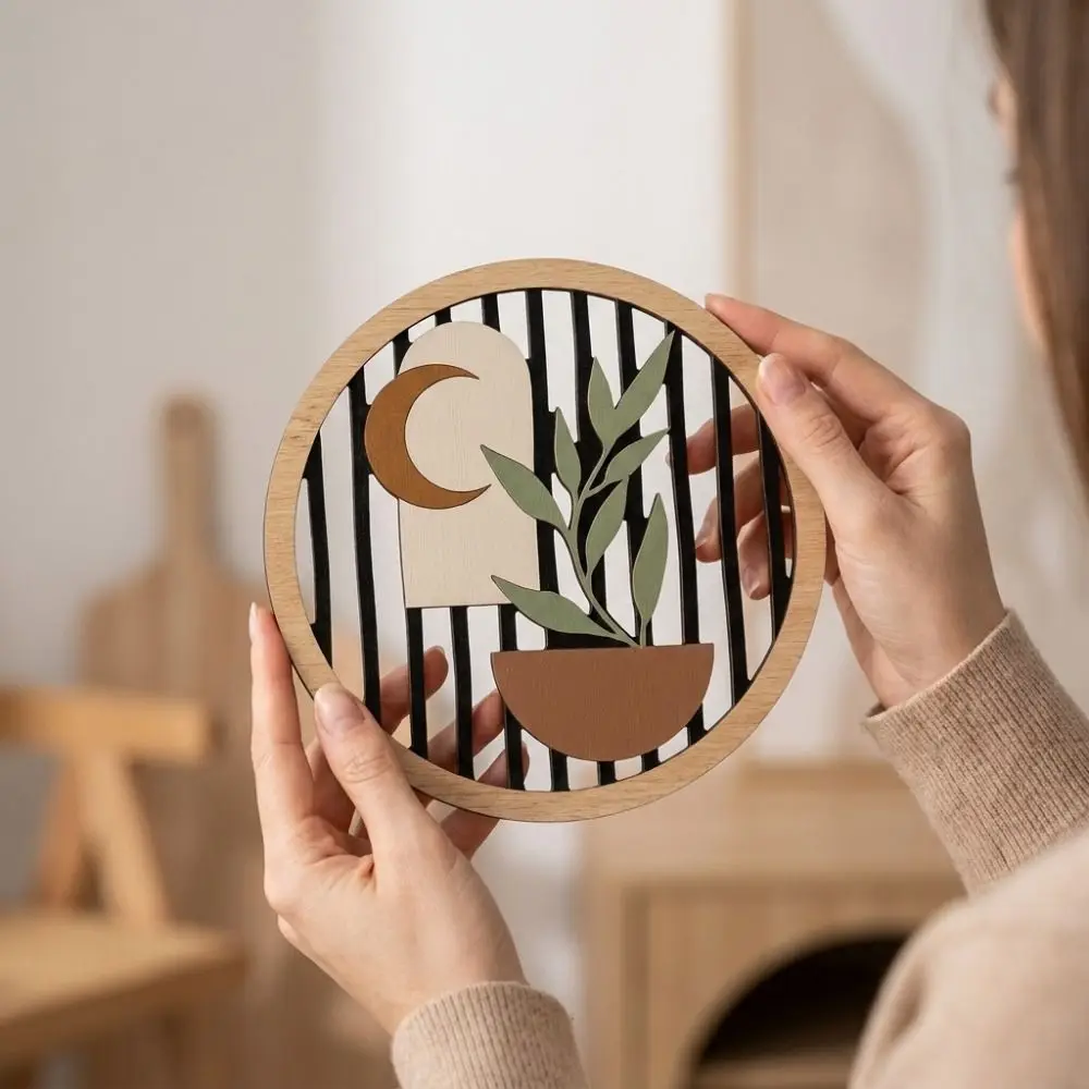 4pcs 2D Wave Bohemian Wall Art Set Round Shape Hollow Design Hanging Signs for Home Wooden Geometric Wall Decoration Baby Room