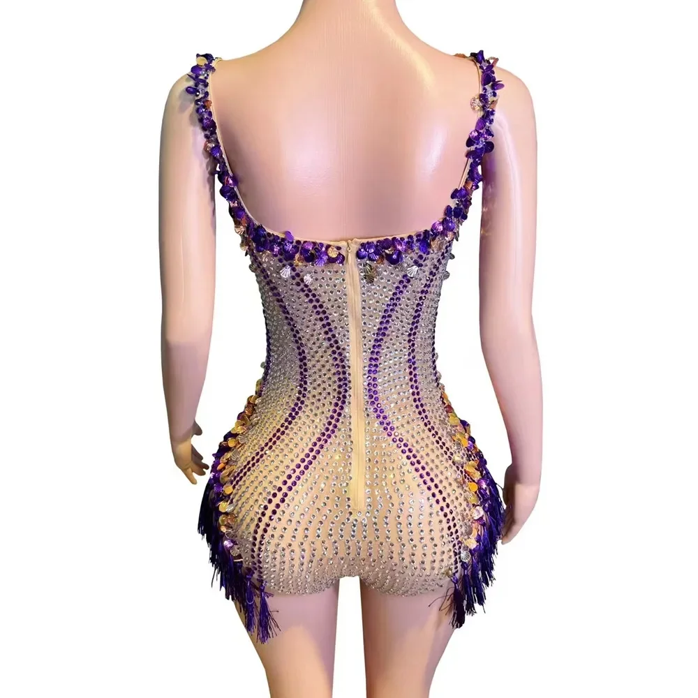 Bodysuit Sparkly Rhinestones Tassel V Neck Sequins for Nightclub Bar Singer Concert Stage Performance Dance Costume Party Outfit