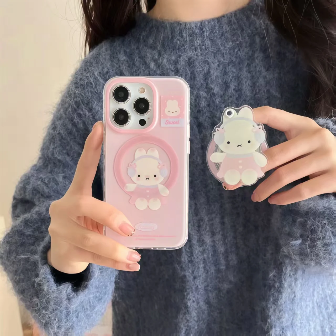 Miffy phone case holder makeup mirror suitable for iPhone 11-16Promax all series cartoon anti drop silicone protective soft case