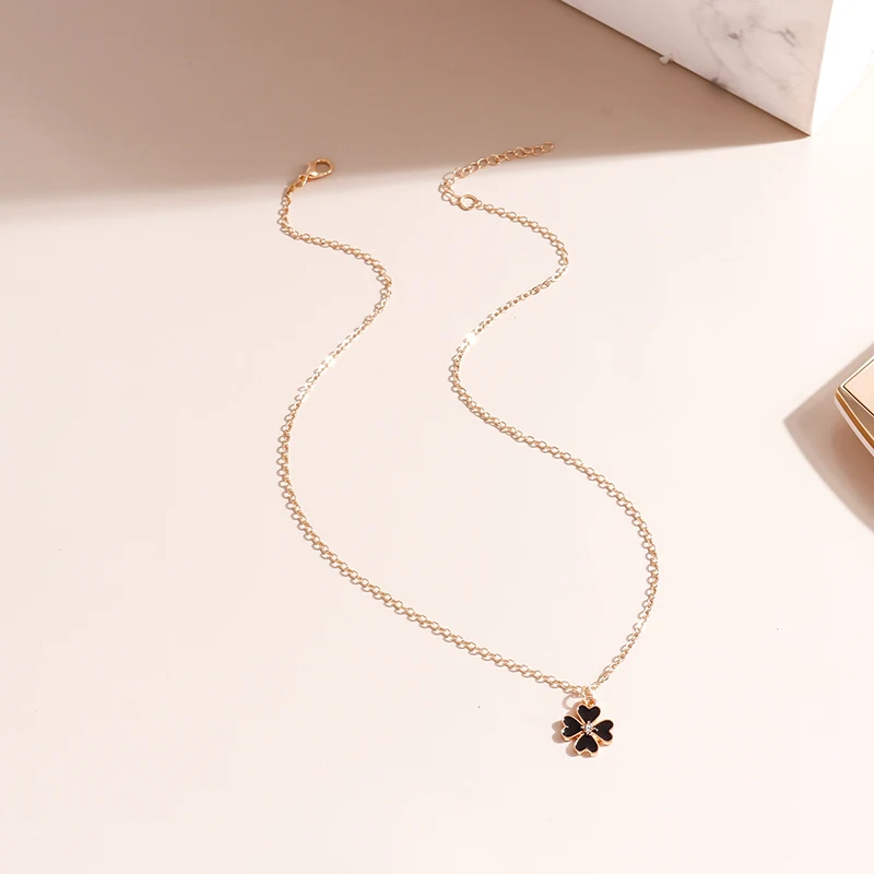 Aihua Einfache Stil Schwarz Farbe Emaille Klee Halsketten & Anhänger für Frauen Mädchen Femme Bijoux Colar Valentinstag Schmuckstück – Detail 6