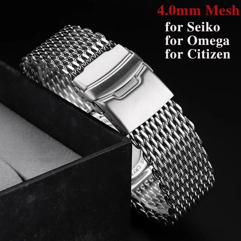 4.0 Thickness Mesh Shark Strap for Seiko for Omega for Citizen Bracelet Diving Milanese Stainless Steel Watch Band 18/20/22/24mm