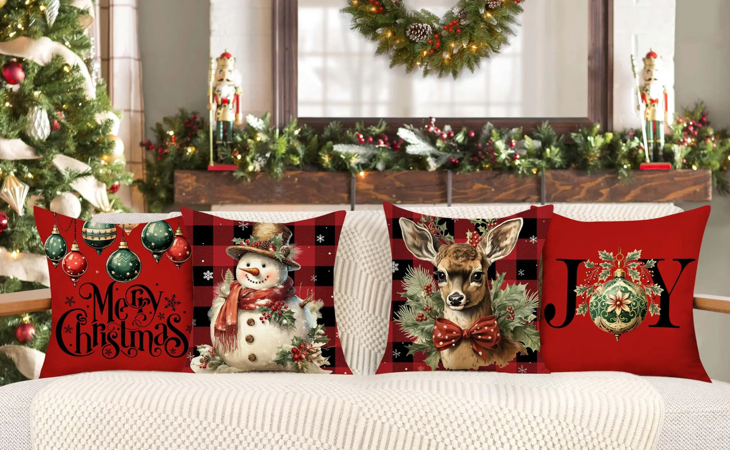 Buffalo Check Christmas Pillow Covers Set of 4 Red Black Farmhouse Xmas Snowman Deer Joy Winter Holiday Decor Throw Cushion Case