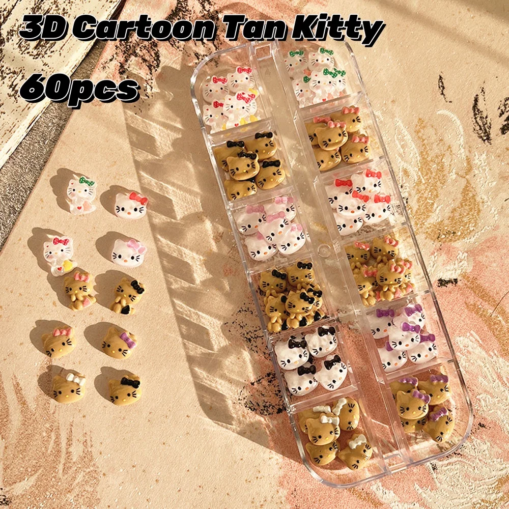 12 Siatek Czarne Kokardki Brązowe Ozdoby do Paznokci Hello Kitty 3D Mieszane Główki Kotków Jesień Zima Akcesoria Hello Kitty Dekoracje do Paznokci