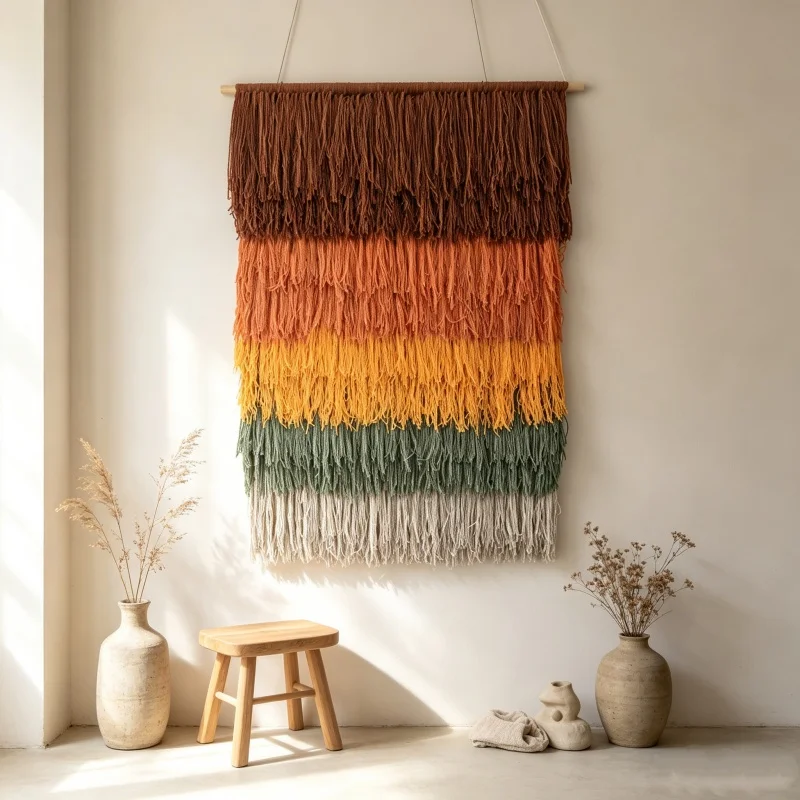Vintage Earth Tone Macrame Wall Hanging Gradient Fringe Woven Wall Decor Boho Chic Home Wall Art for Airbnb Decor