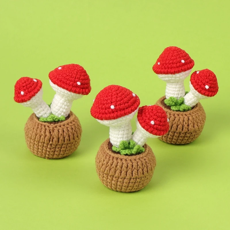 

Finished Crochet Ornaments Knitting Cute Mushroom Potted Creative Knitted Flowers Home Desktop Decoration Car Decor 2025 New