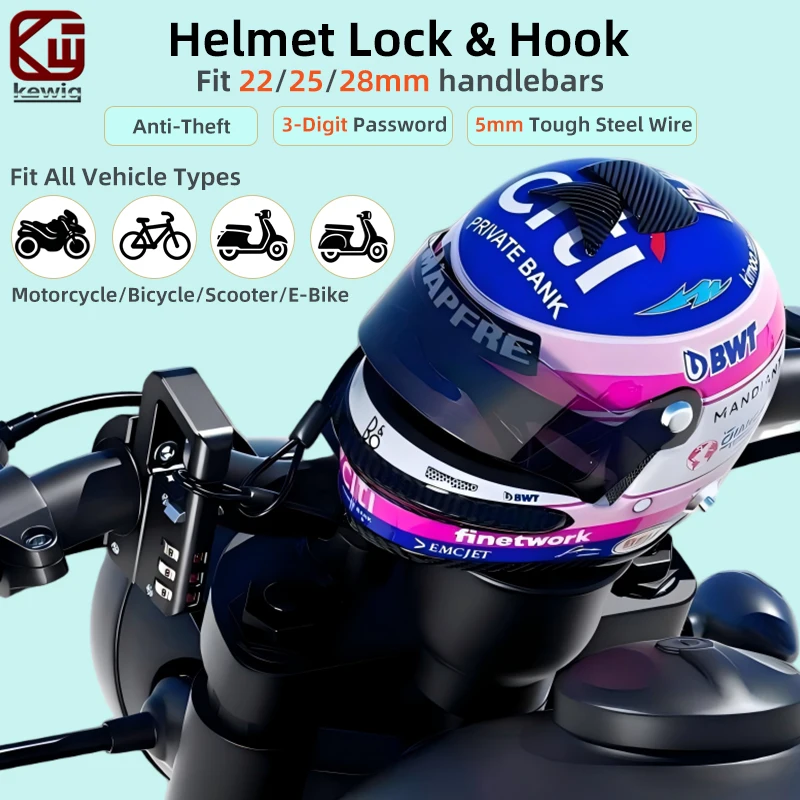 Kewig Motorcycle Helmet Lock 3 Digit Password Anti-Theft Rustproof Anti-Cut Anti-Pry Steel Cable Lock for E-Bike Scooter Bicycle