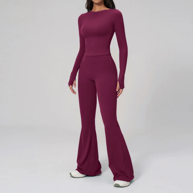 Women's Long Sleeve Sports Top For Outdoor Activities Running Fitness With High-waisted Slimming Butt-lifting Flared Pants