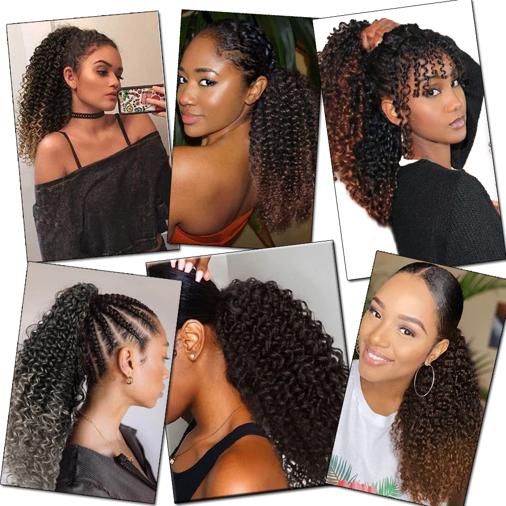 Synthetische Kordel zug Puff Pferdes chwanz Afro lockige 16 Zoll Haar verlängerung Clip in Pferdes chwanz afrikanischen Ombre langes Haar braun