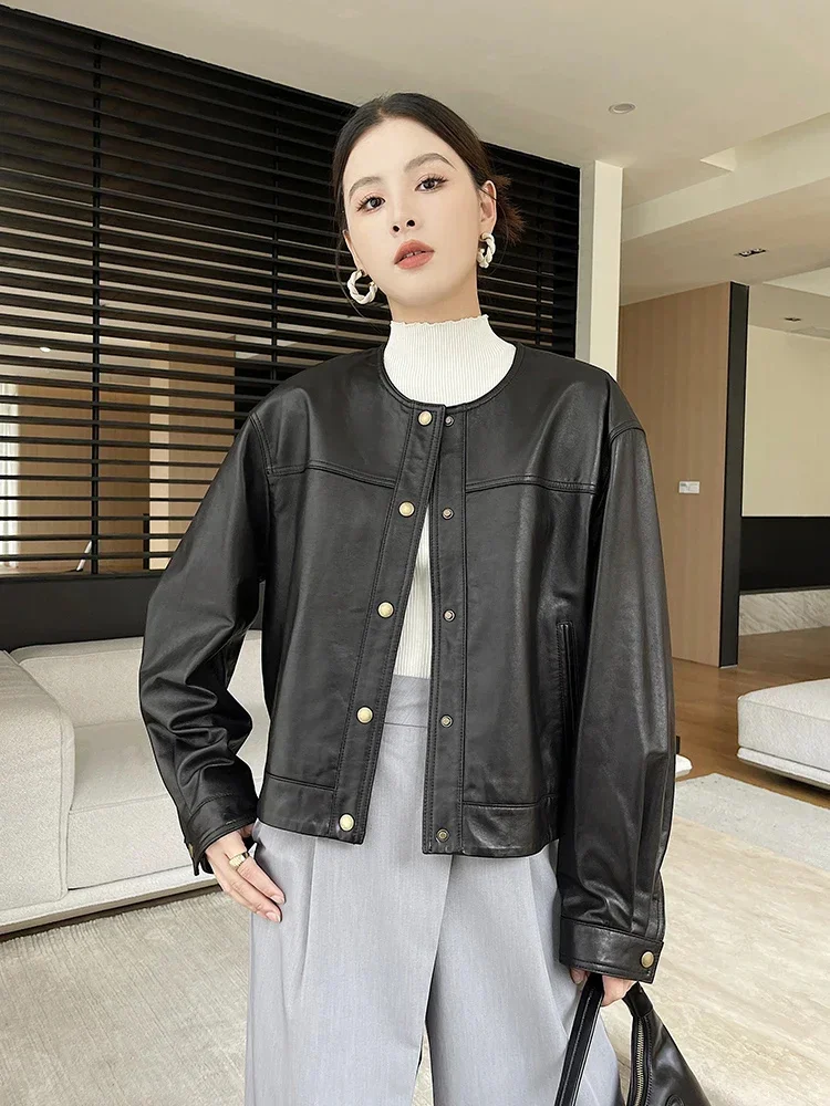 O-neck Vintage Real Sheepskin Coat for Women Spring Autumn 2024 Trend High-end Simple Loose Genuine Leather Jackets