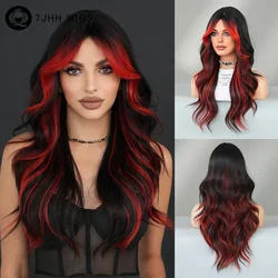 Loose Body Wave Black Highlight Red Wig for Women Daily Party High Density Synthetic Middle Part Hair Wig with Curtain Bangs