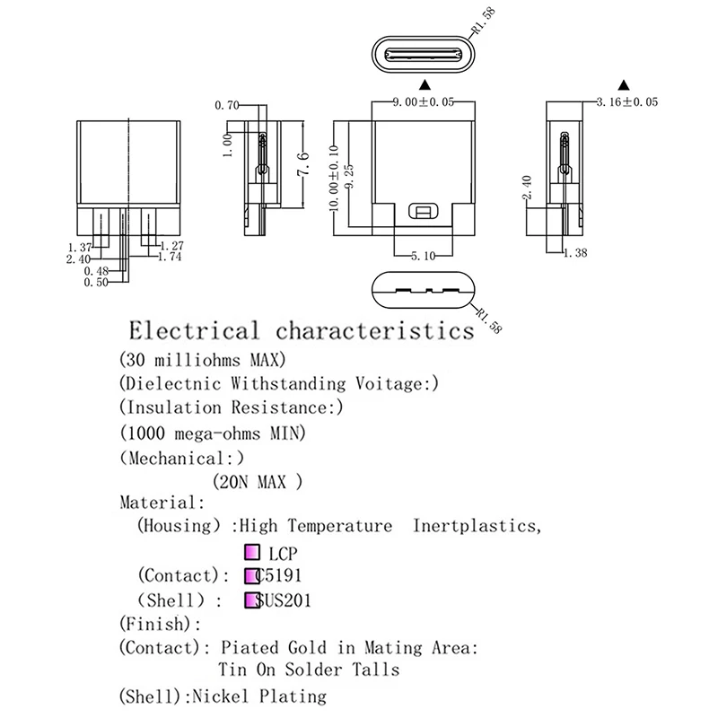 5 шт., разъем USB Type-C 3,1, 2 контакта