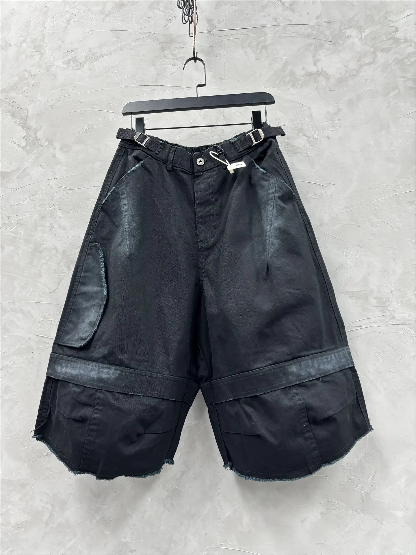 Retro Tie-Dyed Frayed Vertical Cut Overalls Personality Stitching Trendy Five-Point Shorts Men's Wide Leg Leisure Middle Pants