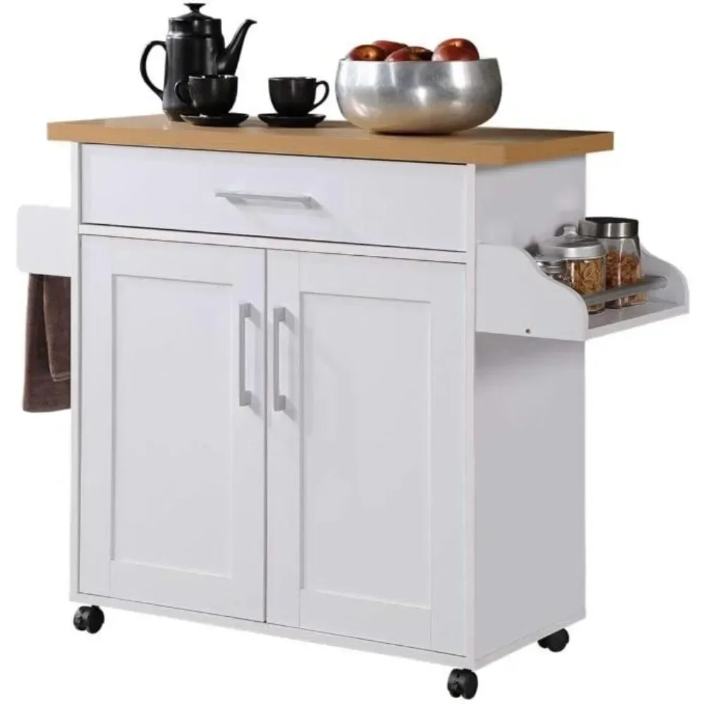 Kitchen Island with Spice Rack, Towel Rack & Drawer, White with Beech Top, 15.5 X 35.5-44.9 X 35.2 Inches, Easy To Assemble