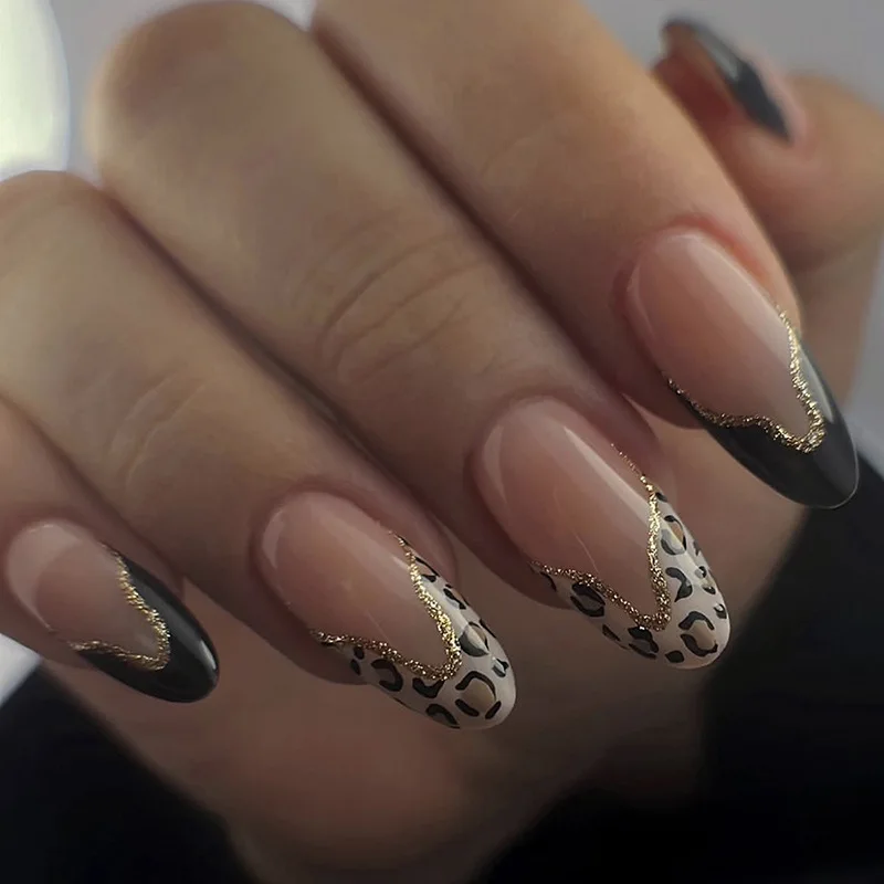 24 قطعة مجموعة الأظافر الزائفة الشتوية السوداء الاكريليك ليوبارد طباعة الفرنسية تلميح اللوز وهمية مسمار الفن مع تصميم مسحوق لامع اضغط على الأظافر #1
