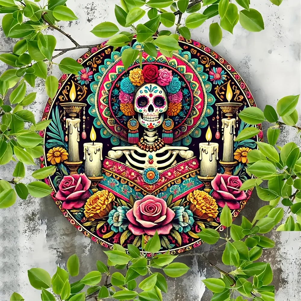 لافتة معدنية من الألومنيوم على شكل جمجمة La Catrina - فن جداري يوم الموتى للمنزل والبار والمقهى والمزرعة - هدية مثالية للعطلات #5