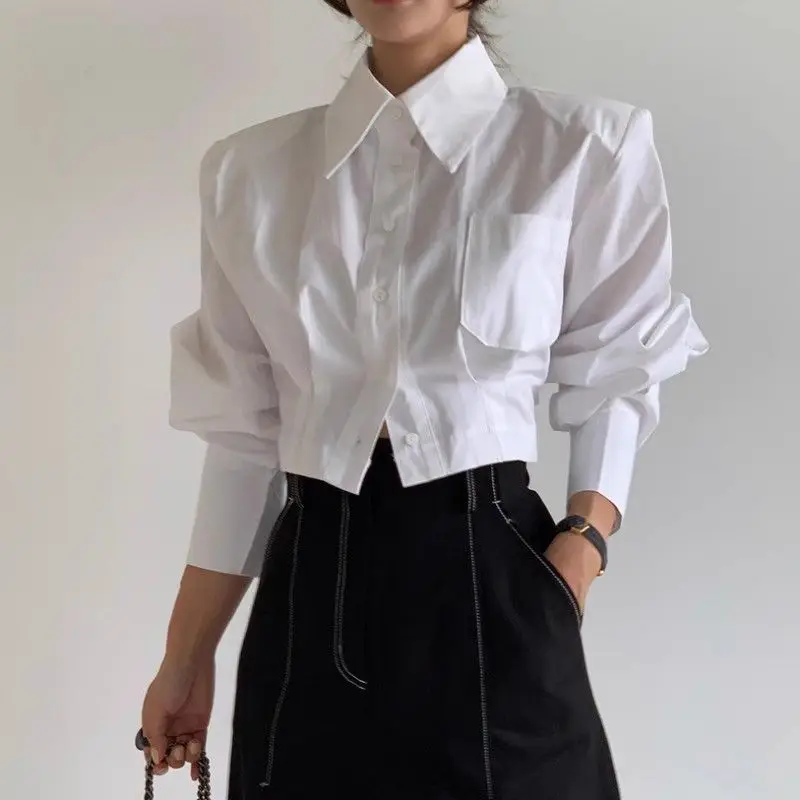 

Spring Summer Casual Shirt Women Shirts Crop Tops Fashion Female Long Sleeve Solid Lace Up Blouse Office Lady White Shirts