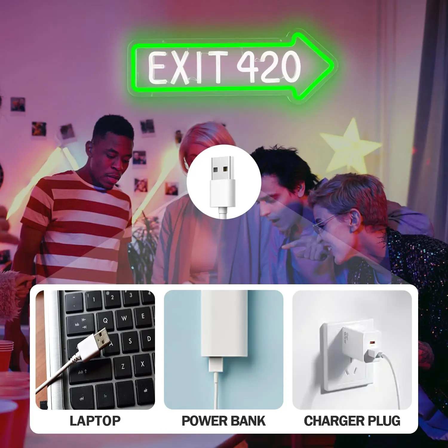 EXIT 420 Neon Sign Green Arrow LED Wall Light for Music Festival Bar Nightclub Decor Psychedelic Vibe Room Home Party Gift Idea
