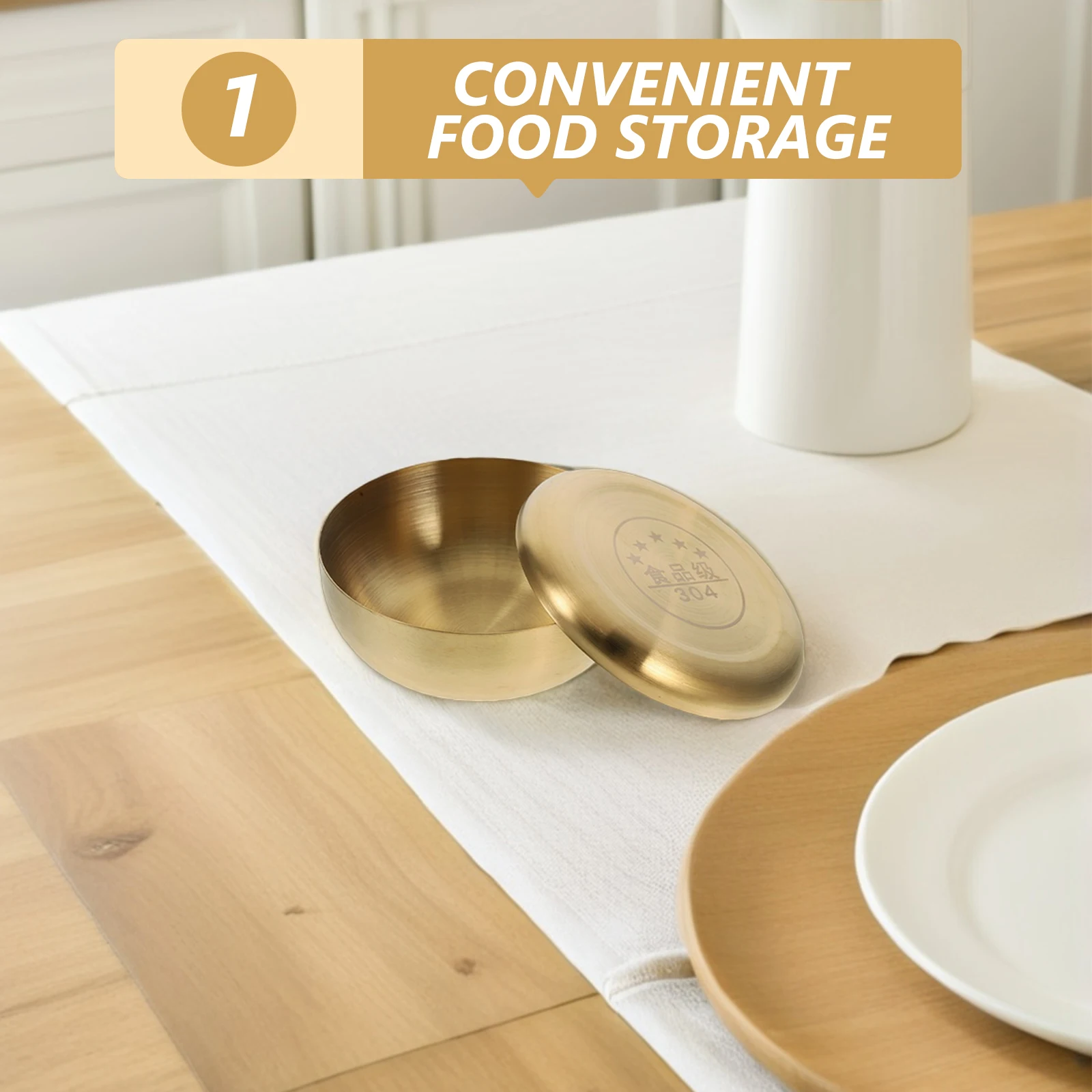 

Korean Stainless Steel Rice Bowl Gold Finish Soup Bowl Lid Creative Design Multi-Purpose Single Layer Bbq Kitchenware