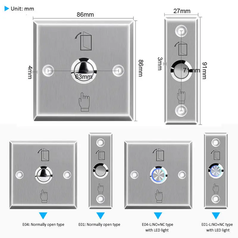 Metal Access Control No com Stainless Steel Switch Panel Push Door Release Exit Button