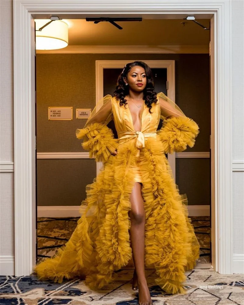 Yellow Women Prom Dress V Neck Puffy Tiered Tulle Full Sleeves Bridal Party Robes Evening Gown Sleepwear Customized Skirt