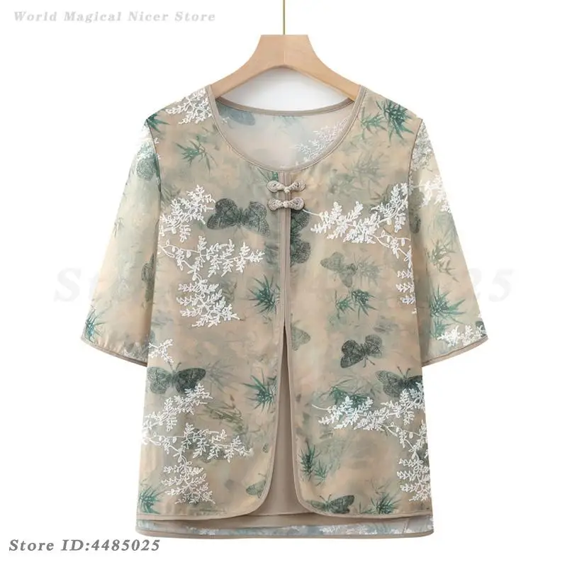 Frauen Frühling Sommer Casual Outfit Kurzarm Blusen Set Hosen Dame Oansatz Chiffon Shirts Tang-anzug Mama Traditionelle Outfit