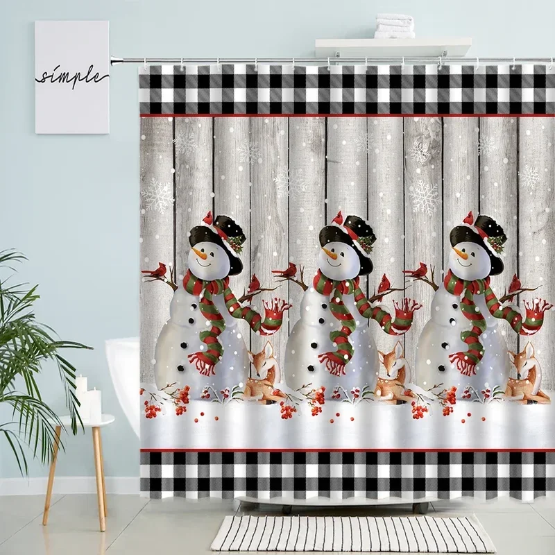 Funny Cartoon Snowman Shower Curtains Red Berries Deer Black White Buffalo Plaid Creative Christmas Bathroom Curtain Home Decor