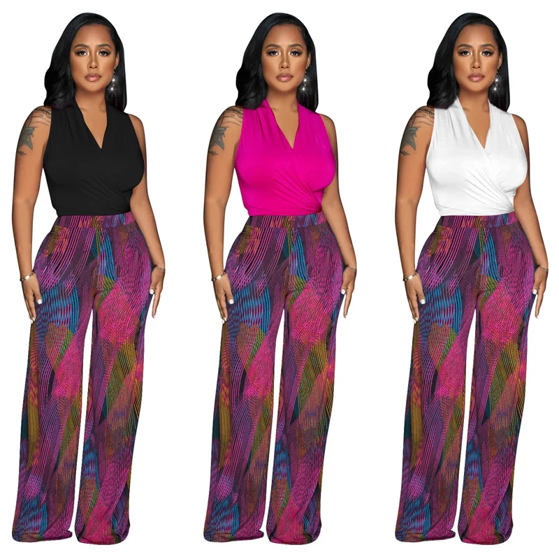 Elegant Pant Sets Womens 2 Piece Outfit Set Office Lady Sleeveless Top and Print Wide Leg Pants Party Night Club Outfits Chic