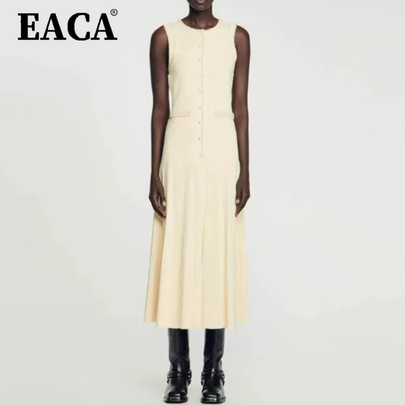 

EACA Round Neck Pearl Edge Knitted Cardigan Slim Fit Sleeveless Dress Two-piece Set 2025 Autumn/winter Solid Color Temperament