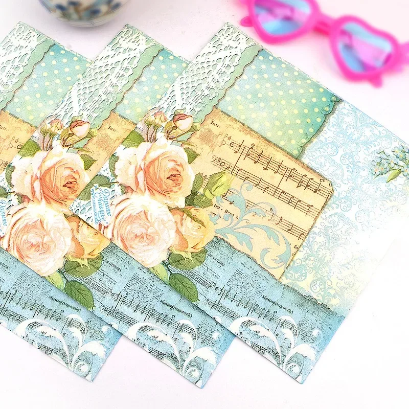 Printed Napkin Blue Green Wedding Paper Restaurant Banquet Placemat Paper Rose Violin Paper Placemats Food Grade 20pcs/pac 33cm