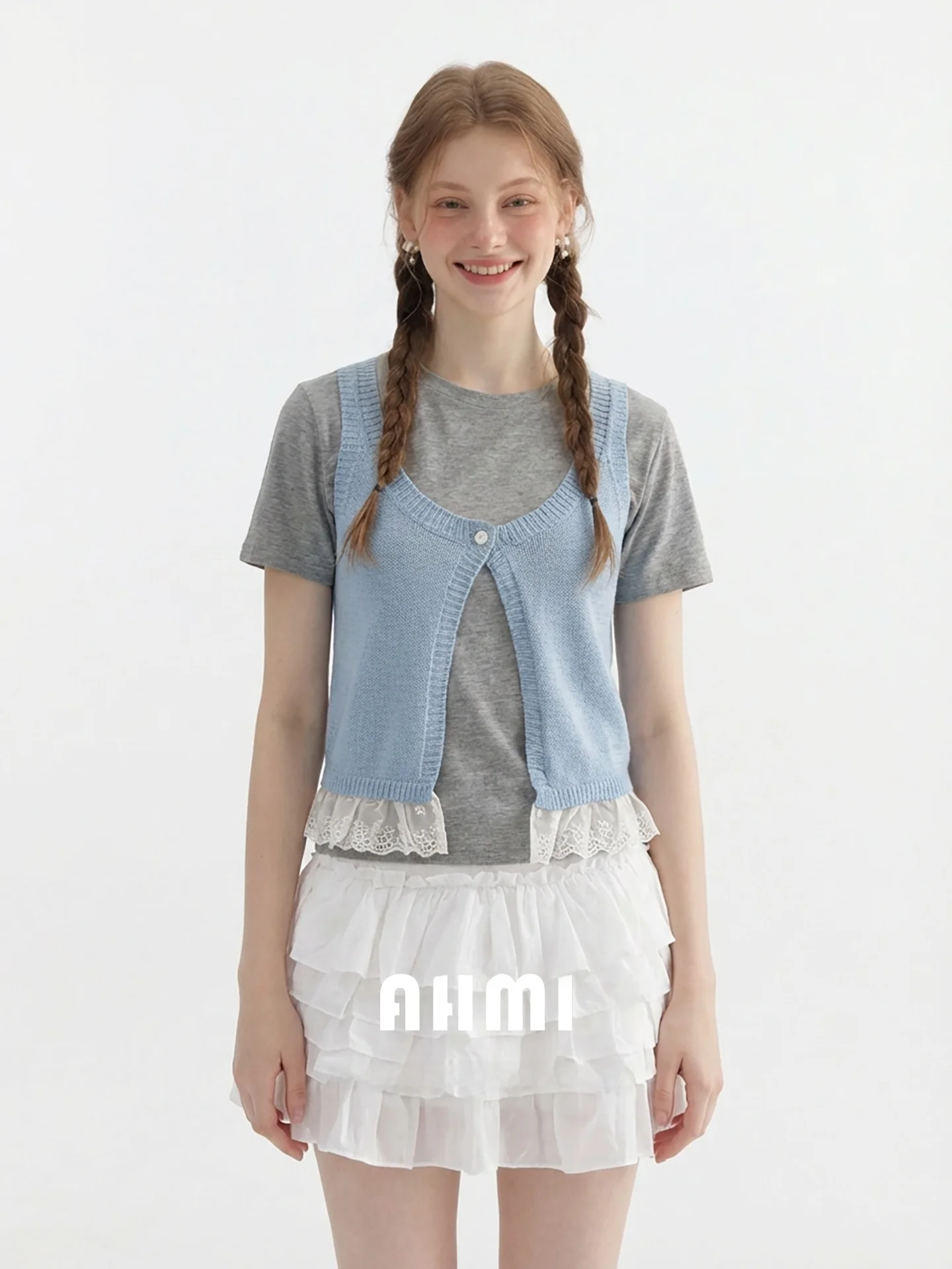 

AHMI Lace Patchwork Knitted Vest T-Shirt Set Sweet Style Summer Breathable Short Sleeve round Neck Open Cardigan for Women