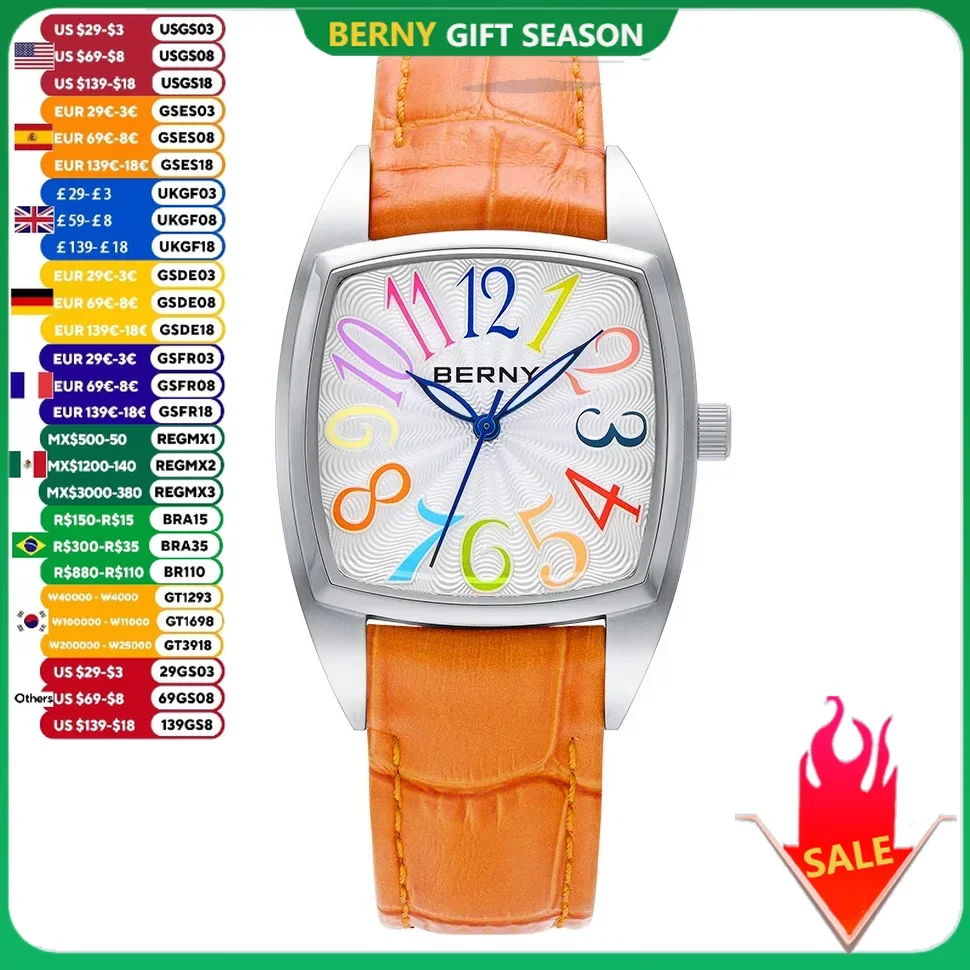 BERNY Women\'s Watches Elegant Casual S/S Leather Strap Square Quartz Woman Watch Ladies Colorful Numeral Easy Read Wristwatch