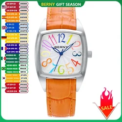 Relojes BERNY para mujer, elegante e informal, S/S, correa de cuero, reloj cuadrado de cuarzo para mujer, reloj de pulsera con números coloridos y fácil lectura