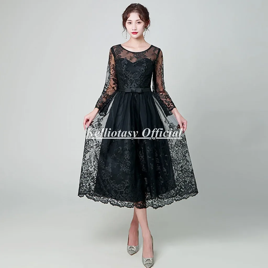 Black Lace Mother Of the Bride Dress With Long Sleeves Elegant Tea Length Mother Of The Bride Wedding Dresses Plus Size YSM139