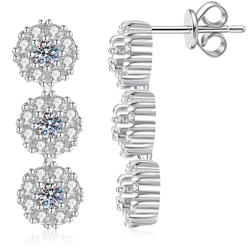 S925 silver full diamond three circle stacked string earrings for women, long style tassel, moissanite earrings, elegant and sli