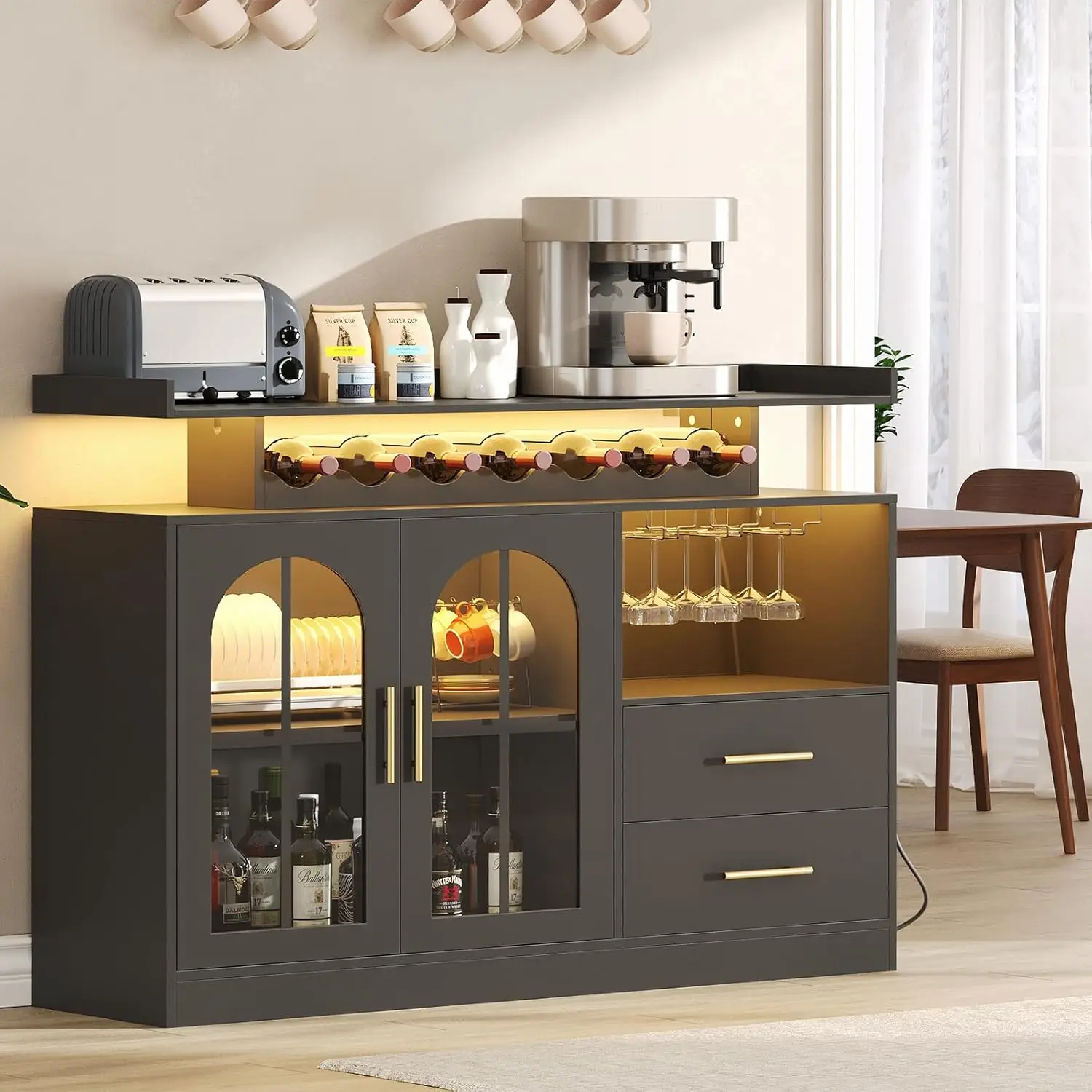 LED Bar Cabinet Wine Storage Buffet Sideboard with Charging Station Glass Rack Drawers for Kitchen Dining Room, Customized