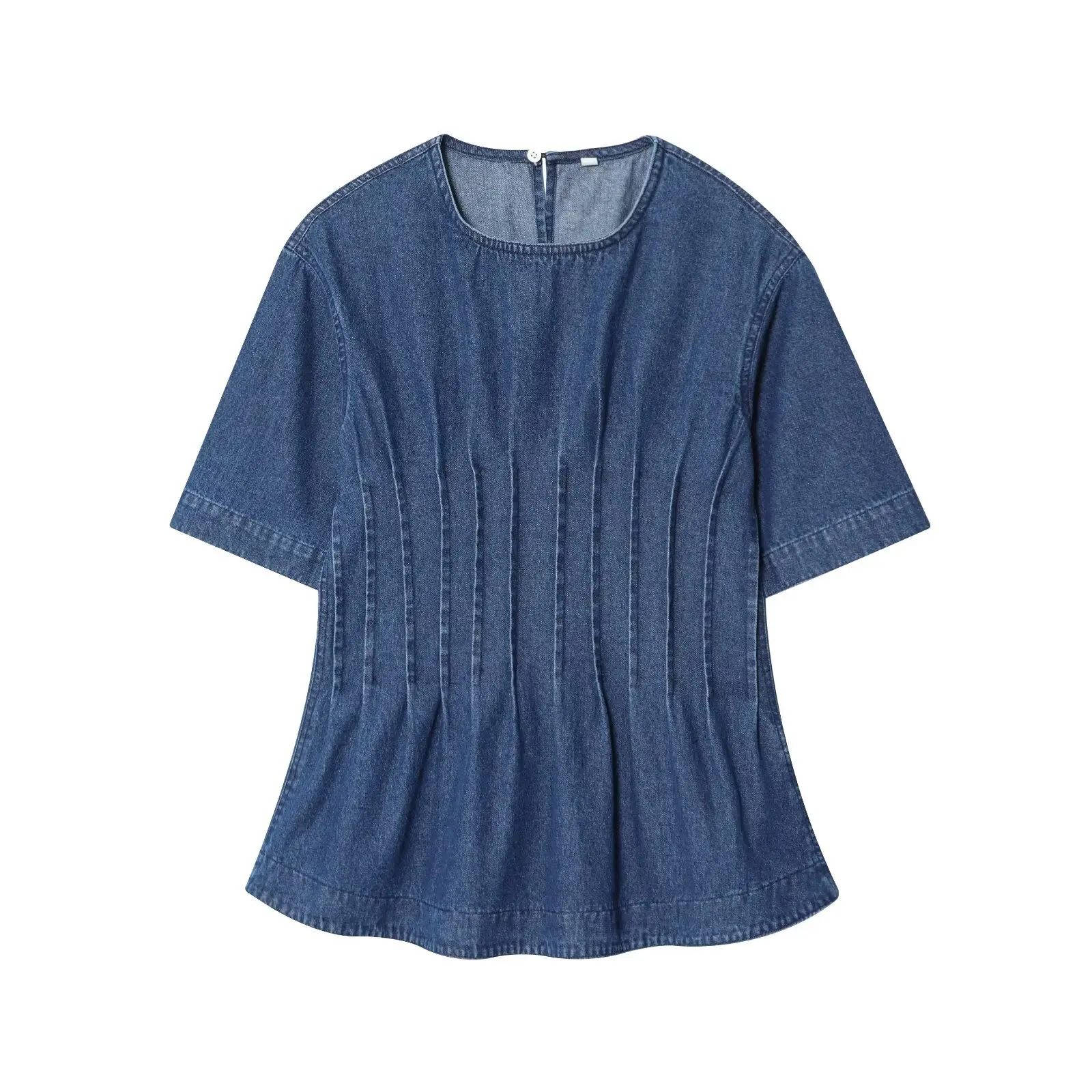 

New Fashion Casual Short Sleeve O-neck Solid Color Slim Fit Zipper Demin Shirt For Women