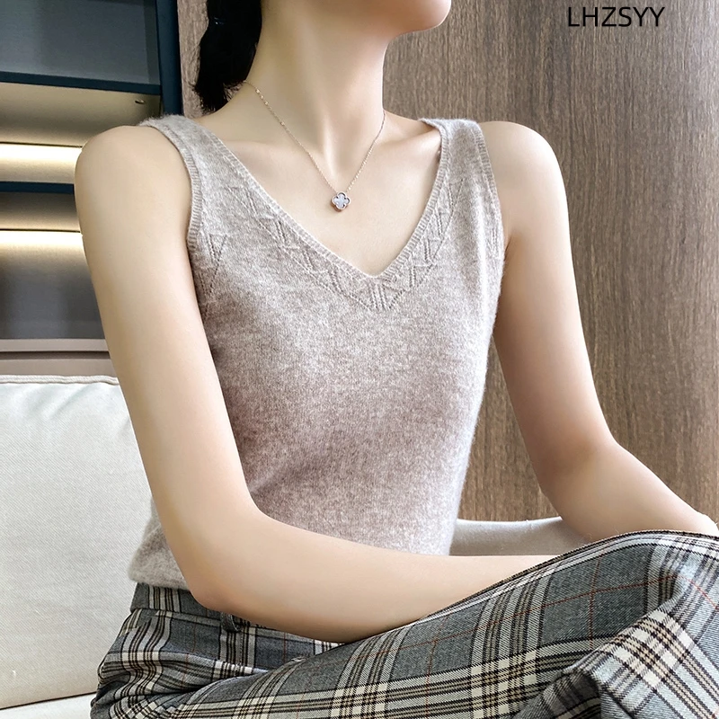 LHZSYY New 100%Pure Wool Vest Ladies First Line Garment V-Neck Hollow-out Camisole Four Seasons Lnside knit Sling Sleeveless Top