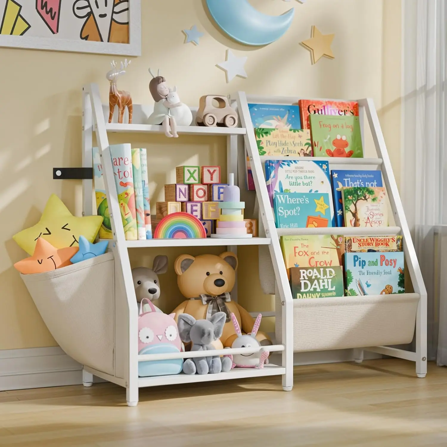 3 Tier Kids Bookshelf and Toy Storage, Kids Book Sling Shelf, Montessori Baby Toddler Bookshelf for Kid, Kid Bookcase, T