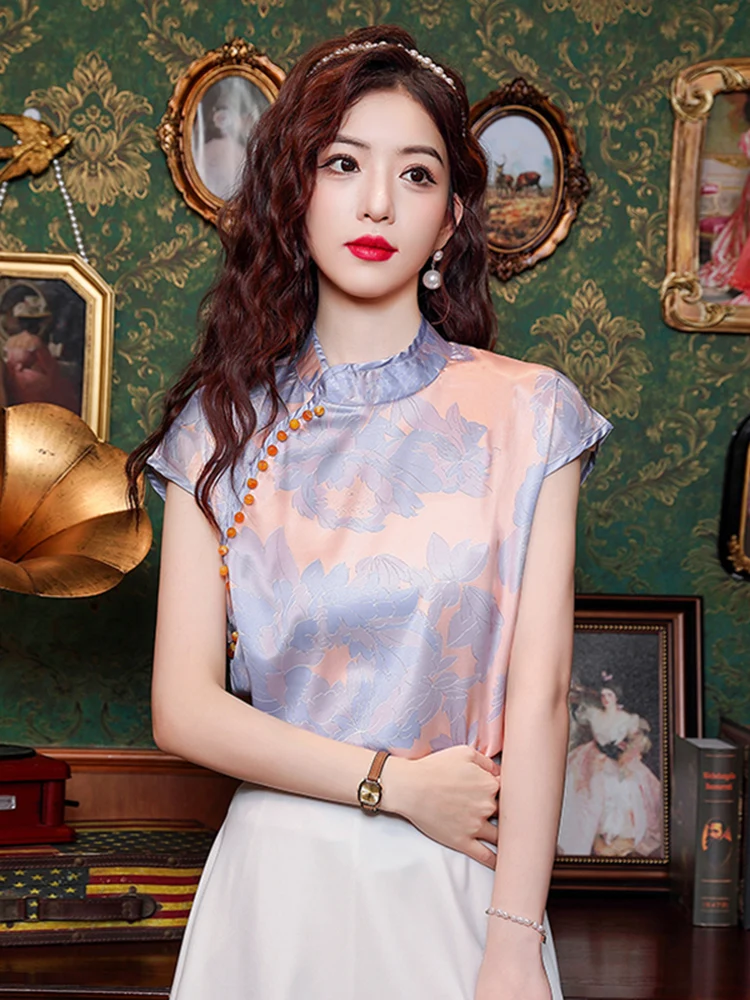 

Retro Chinese Sle Stand Collar ort Sve Women's irt Summer New Faion Snowflake Top Commute Ele Lady