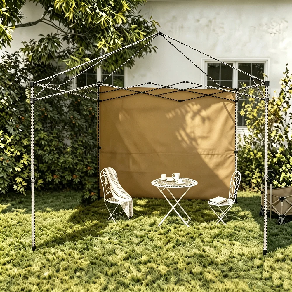 A Khaki-Colored Outdoor Four-Corner Tent with Side Panels Suitable for Gardens, Providing Shade, Increased Privacy, Etc