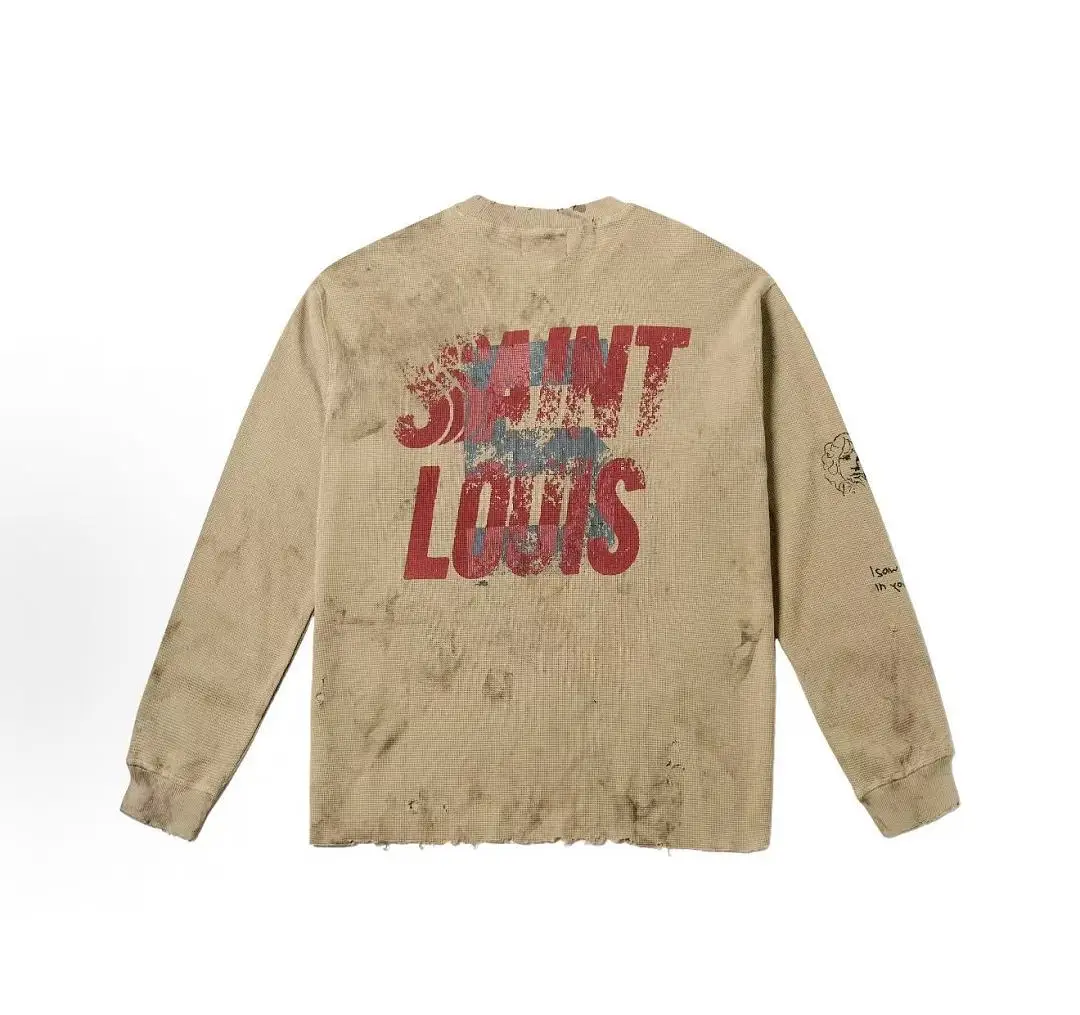 Saint Louis American Retro Washed Print Long Sleeve T-Shirt Unisex Loose Casual Versatile Top Trendy Cotton Crew Neck Tee