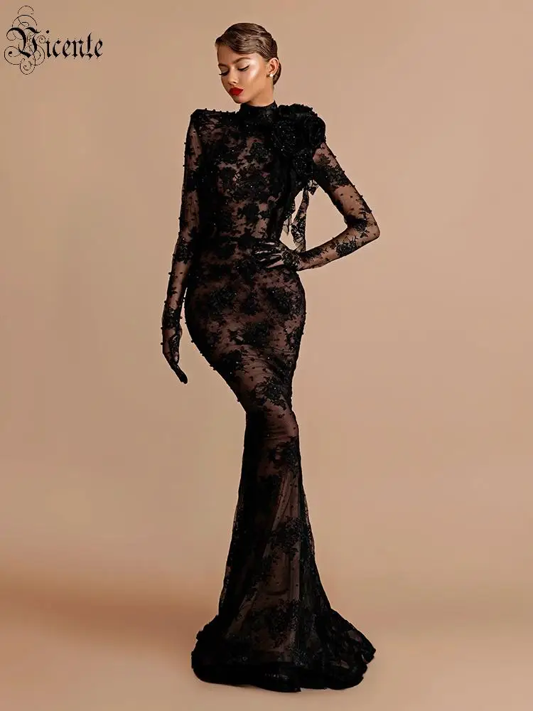 VC Black Lace Backless Maxi Dress For Women Sheer Long Sleeve High Neck Applique Floral Evening Gown Elegant Party vestidos