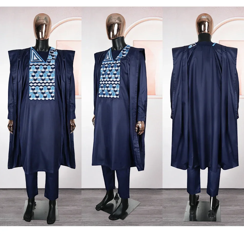 

Plus Size African Clothes for Men Tradition Embroidery 3 PCS Set Dark Blue Robe Shirt Pants Coat Suits Wedding Party Clothing