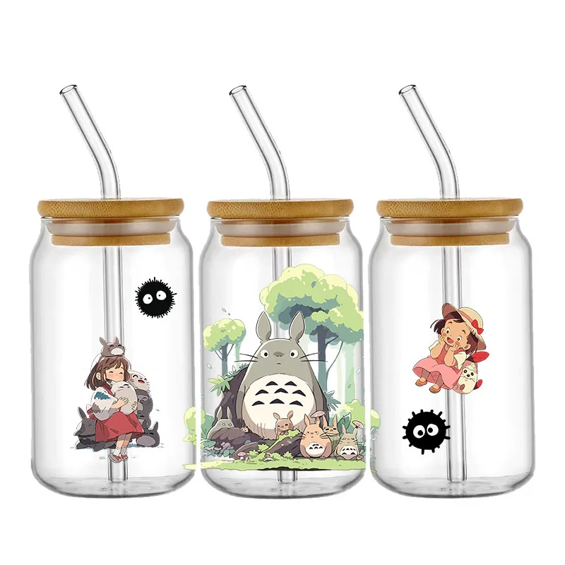 Cartoon Cute Cat Japanese Anime 16oz Glass Cup /Glass Can High-Quality Wraps Transfer Decals Self-adhesive