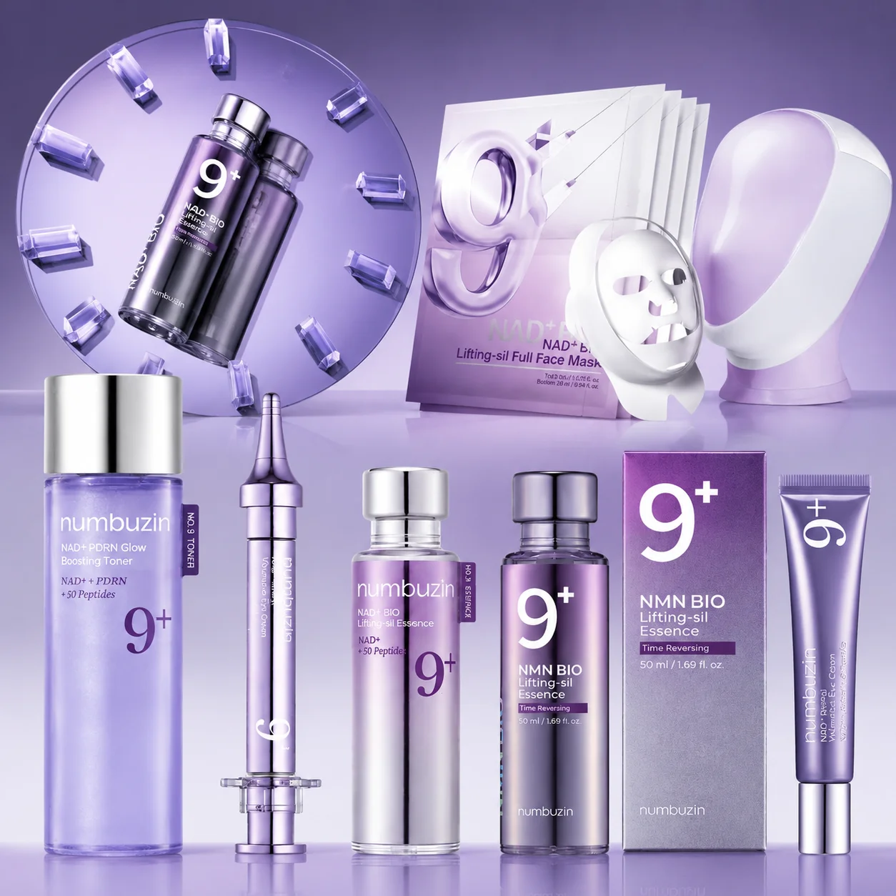 Numbuzin NO.9 NAD+Skincare Set - Retinal Volumetox Eye Cream, PDRN Glow Boosting Toner, BIO Lifting-sil Essence & Full Face Mask