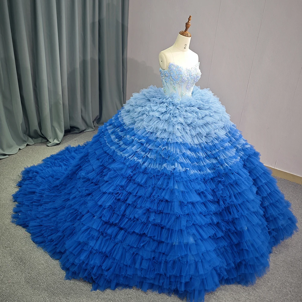 

Arabic Party Dresses Tiered Cloud Prom Dresses Long Blue Dubai Evening Gowns 1204