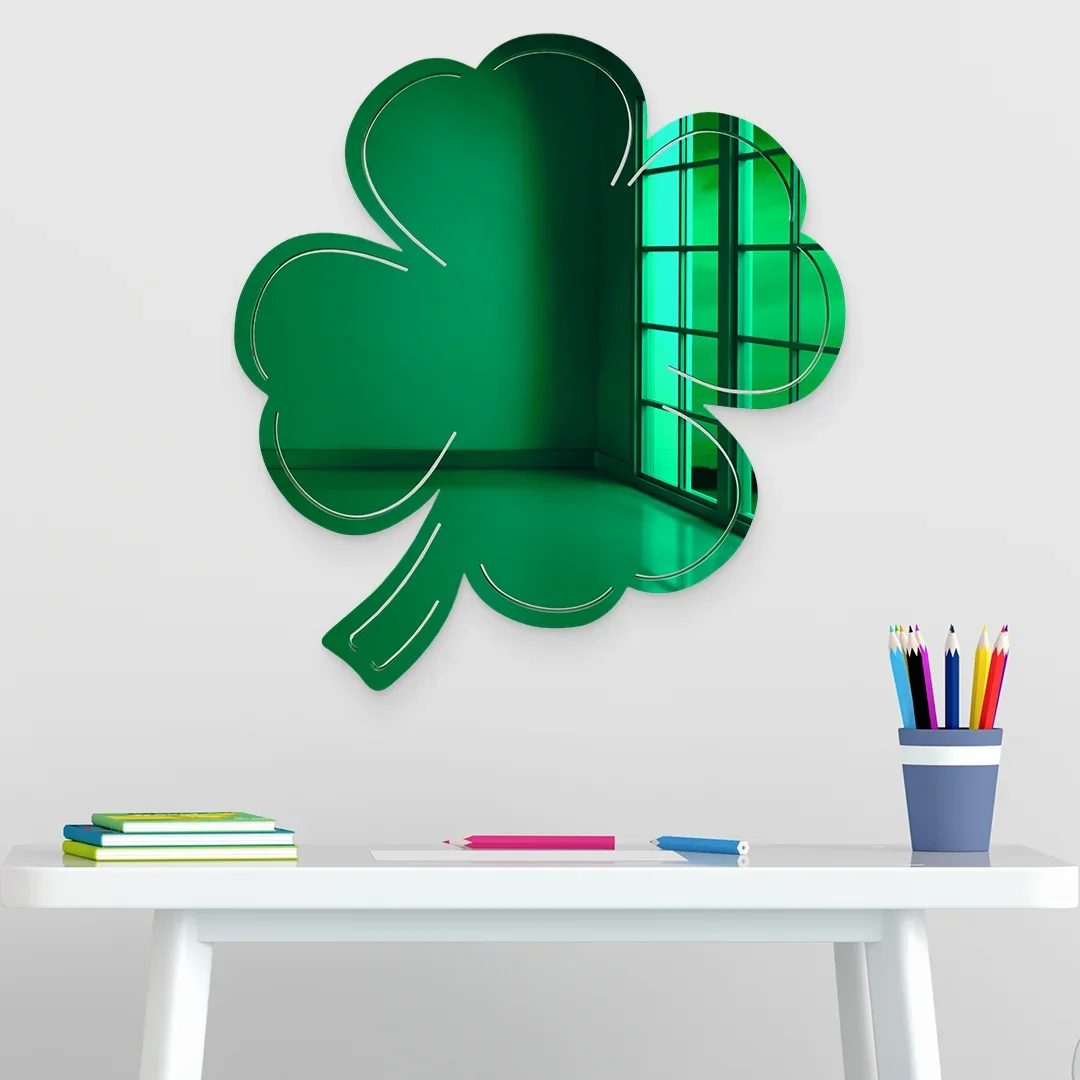 3D Acrylic Lucky Clover Mirror Four-leaf Clover 3D Wall Hanging Mirror Good Luck Charm for Bedroom Dorm Living Room