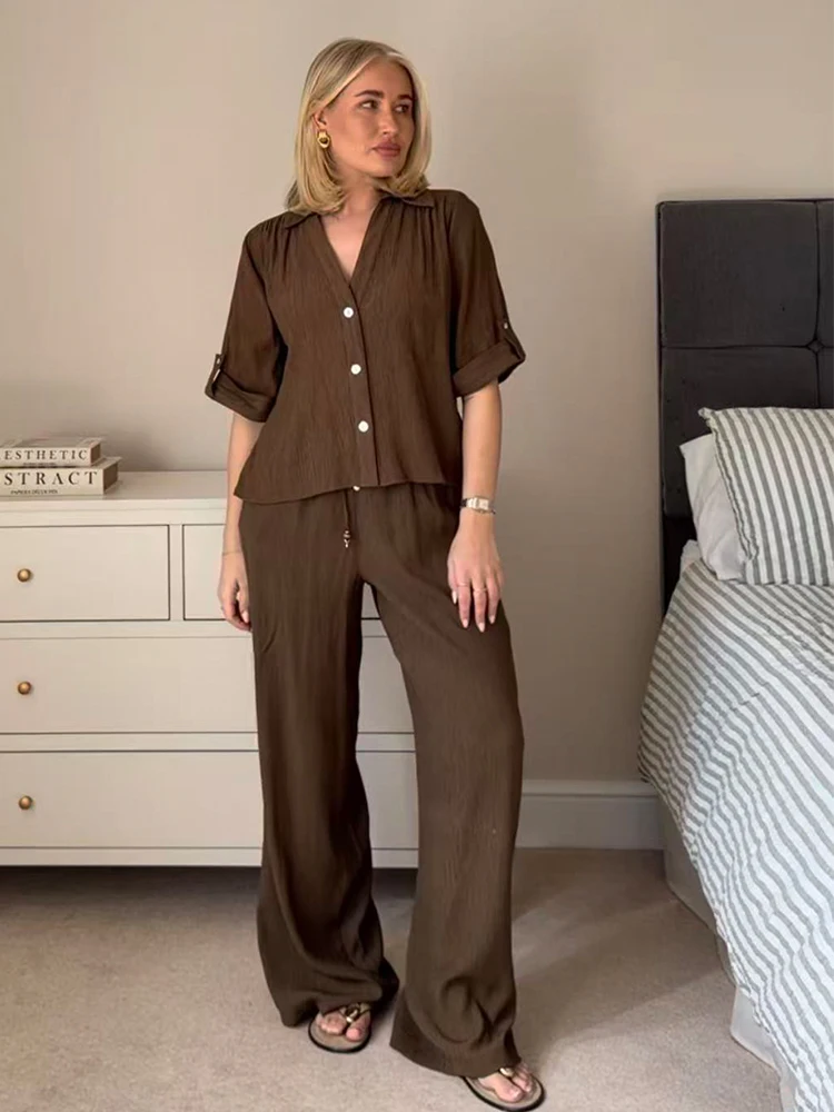 Damen Zweiteiler Set: Locker Sitzende Bluse mit V-Ausschnitt und Kurzen Ärmeln, Einfarbige Hose mit Weitem Bein, Frühling-Sommer Mode