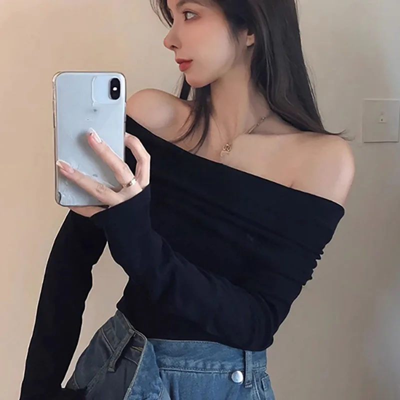 Sexy Off Shoulder Slash Neck Pullover for Women Elegant Slim Long Sleeve Backless Party Wine Red Tees Korean Chic Y2K Crop Tops - Image 2