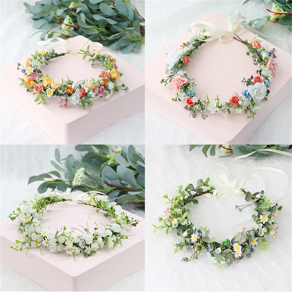 Hot Selling Spring Bohemian Flower Crown Women\'s Beach Hawaii Floral Garland Romantic Faux Rose Wedding Wreaths Headband Flowers